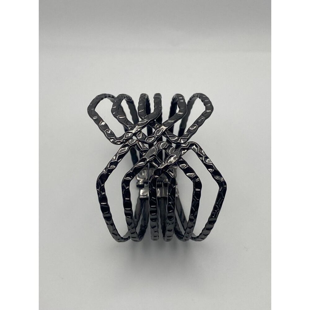 Gun Metal Gray Hammered Open Weave Wide Clamper Cuff Statement Bold Bracelet - Picture 8 of 9